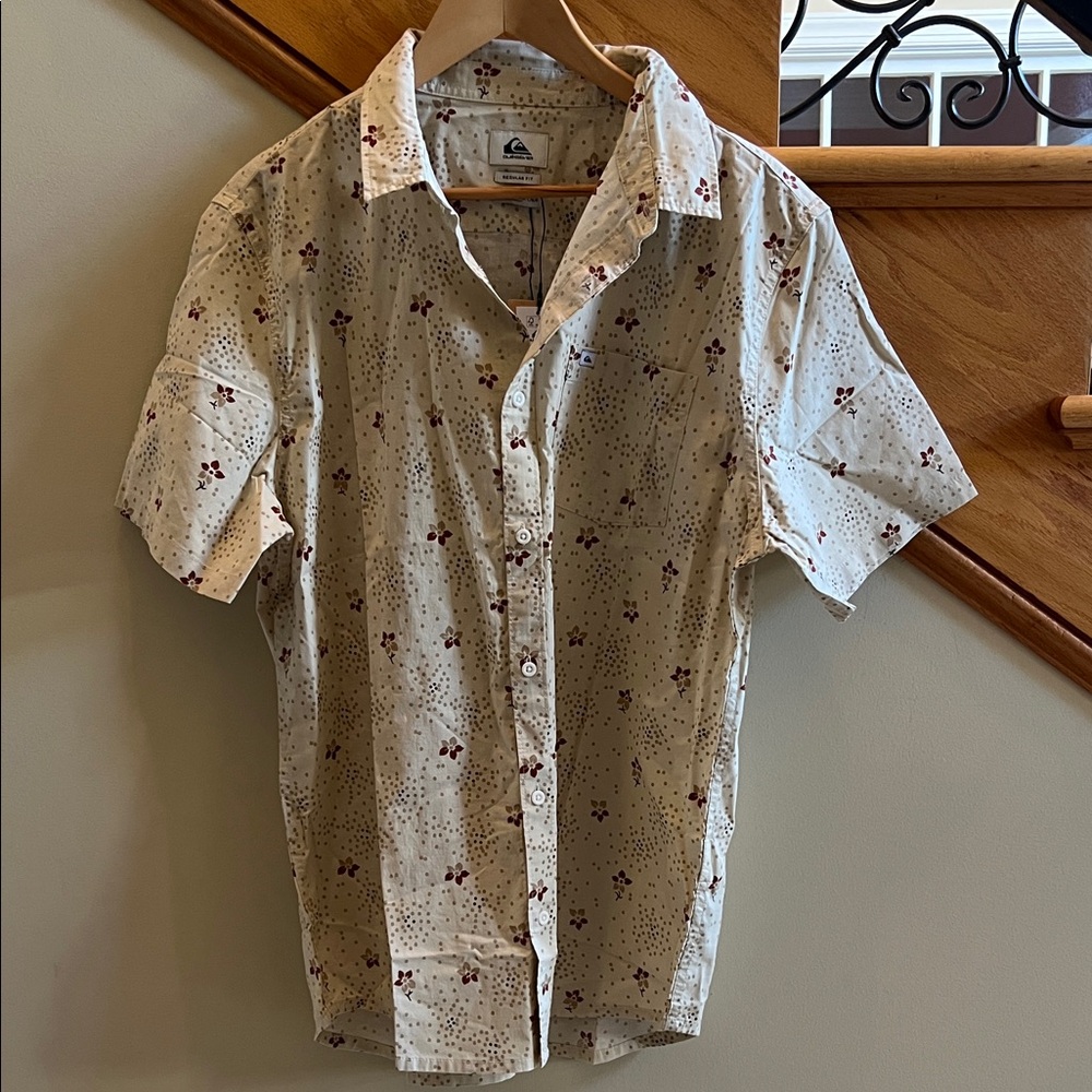 Quiksilver Men's Cream and Tan Patterned Shirt Size Large Regular Fit New